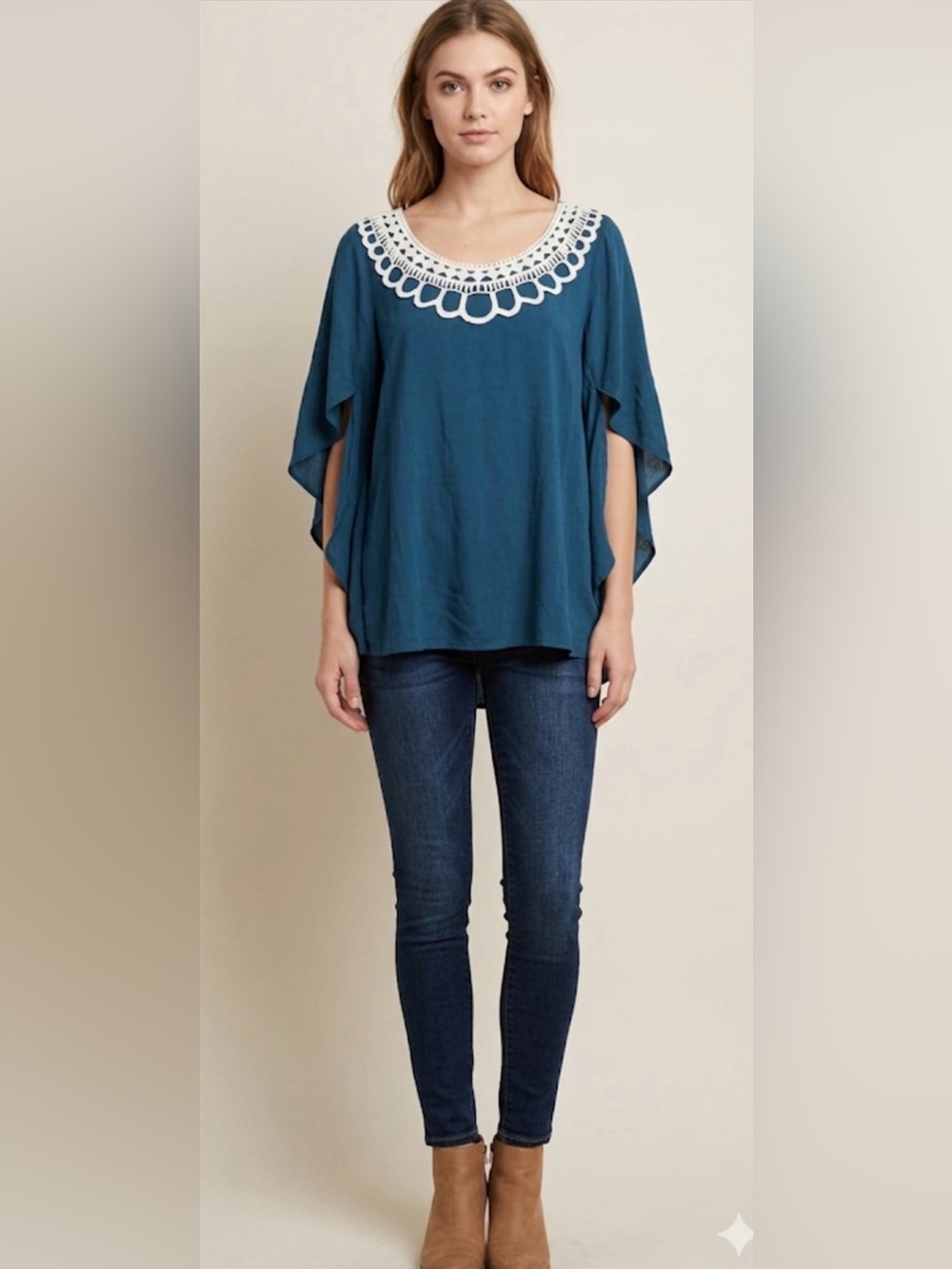 entro boho Teal Crochet-Trim Tunic with Crisscross Back size large like new